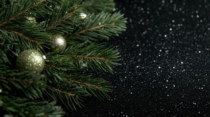 Dark festive background with green pine branches, golden ornaments, and falling snow against a black backdrop. A luxurious and elegant holiday scene perfect for seasonal designs and promotions.