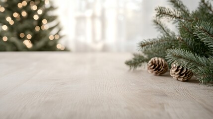 Minimalist Christmas background with a frosted pinecone and evergreen branch on a light wooden surface. Soft string lights and sheer curtains add a warm, festive, and cozy holiday atmosphere.