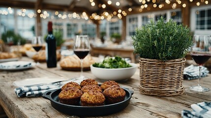 Fototapeta premium A rustic outdoor dining table laden with food and drinks.