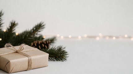 Minimal Christmas scene with a simple gift wrapped in kraft paper and twine, resting on pine branches with soft fairy lights. A clean, rustic holiday setup with copy space on a white background.