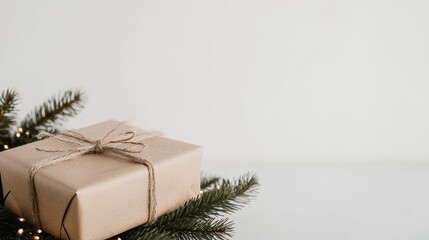 Minimal Christmas scene with a simple gift wrapped in kraft paper and twine, resting on pine branches with soft fairy lights. A clean, rustic holiday setup with copy space on a white background.