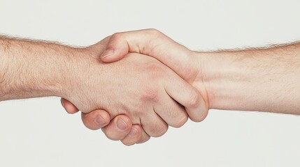 Close-up of a firm handshake between two people on a white background, symbolizing agreement, partnership, cooperation, or a successful deal in a clean and professional visual style.