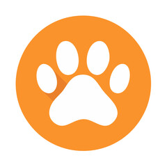 Fototapeta premium Flat Design Paw Print Icon on Orange Circle Cute Animal Footprint Pet Shop Symbol Veterinary Logo