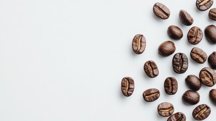 Scattered roasted coffee beans border on a clean white background with empty copy space. A simple, minimal flat lay design perfect for coffee branding, cafe menus, or morning drink promotions.