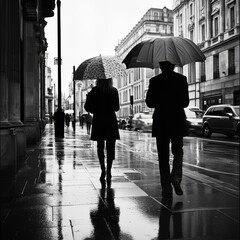 People Walking with Umbrellas on a Rainy Day in European City – Black and White Street Photography