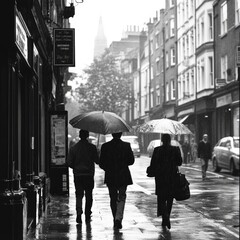 People Walking with Umbrellas on a Rainy Day in European City – Black and White Street Photography