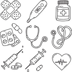 Medical Supplies and Healthcare Equipment Hand-Drawn Illustrations