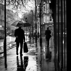 People Walking with Umbrellas on a Rainy Day in European City – Black and White Street Photography