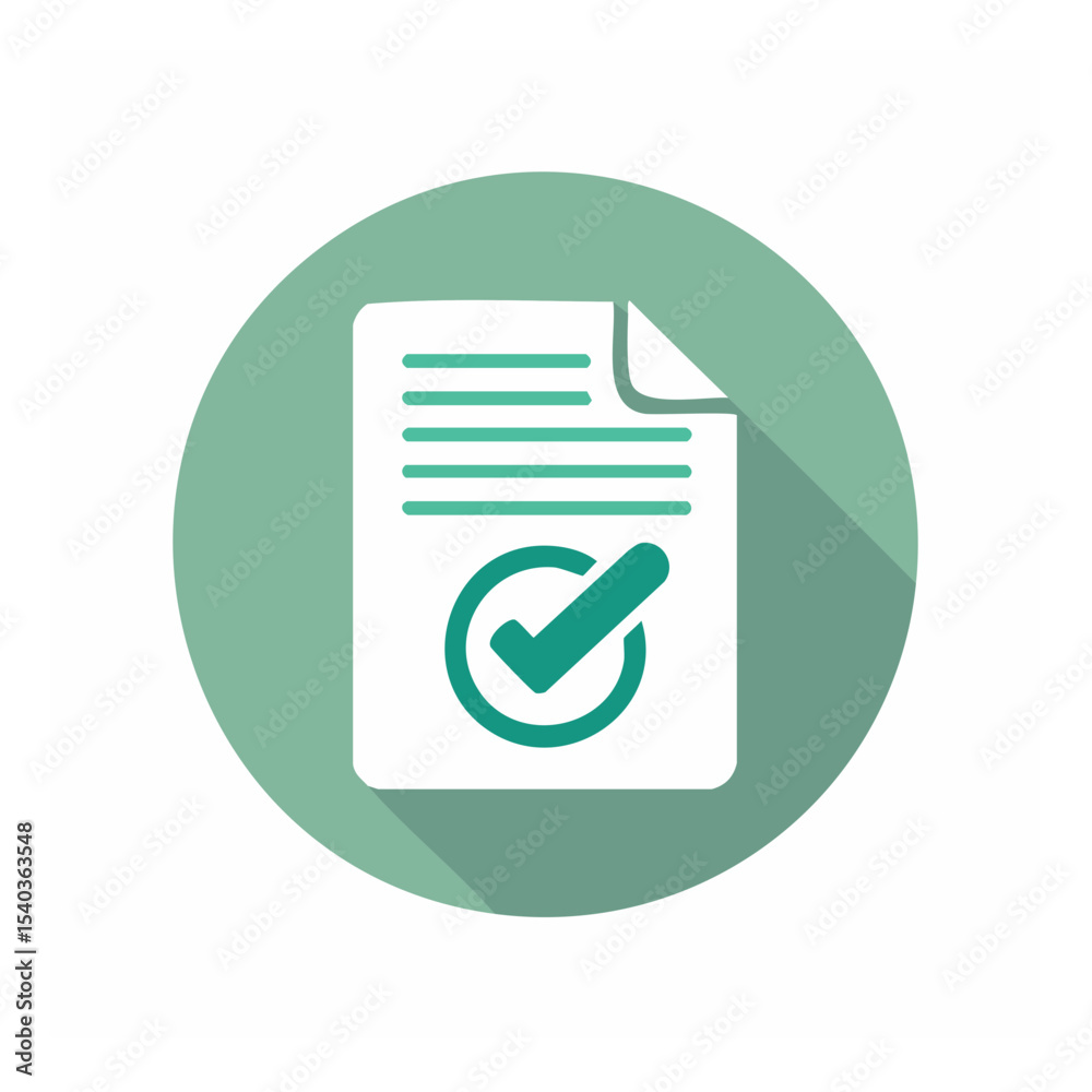 Poster checkmark symbol on document indicates approval or task completion within circle shape design