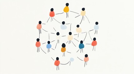 Simple, colorful stick figure drawing of diverse people holding hands in a circle on a white background. This playful illustration symbolizes community, teamwork, unity, friendship, and inclusivity.