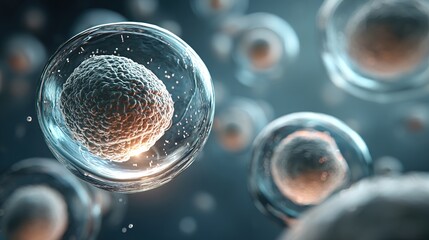 Acoustic levitation cell culture background with floating fibroblast clusters in ultrasound field, biomedical art.