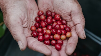 Close-up of a farmer’s hands holding freshly harvested red coffee cherries. The image captures the raw, natural beauty of sustainable farming and the beginning stage of the coffee production process.