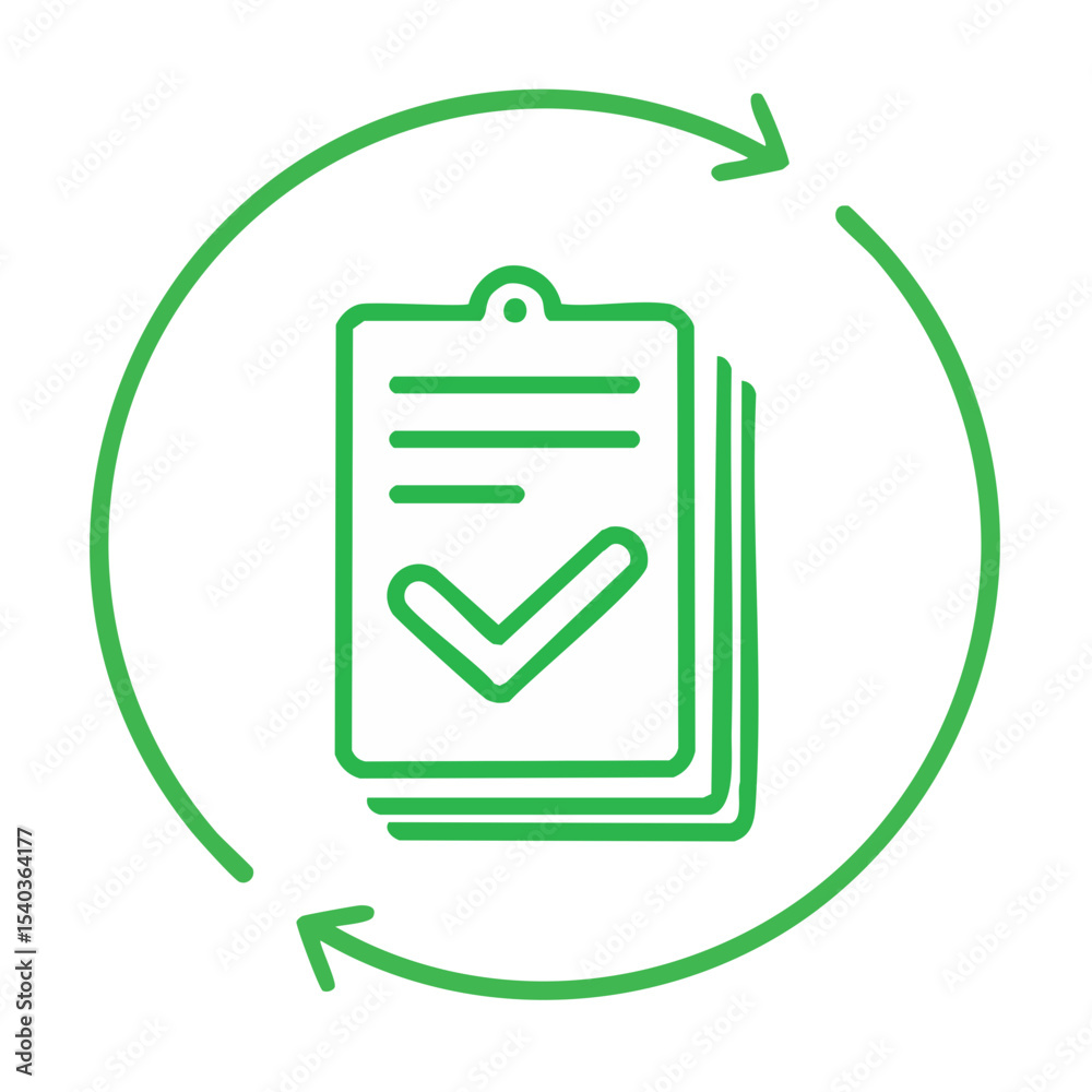 Poster process complete icon with check mark in circle of arrows showing cycle refresh update or compliance