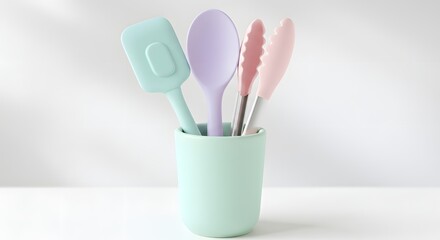 Soft pastel utensil set (spatula, spoon, tongs) in a ceramic holder