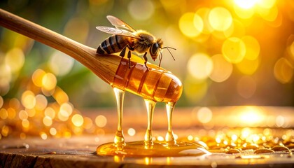 Extreme Close-Up of Golden Honey Dripping from a Wooden Spoon with a Bee Perched on Top, Captured in Stunning Detail Against a Softly Blurred Natural Background