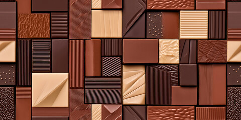 A flat lay of various gourmet chocolate bars arranged in a grid showcasing different textures and types from milk to dark a perfect background for a chocolatier or candy shop