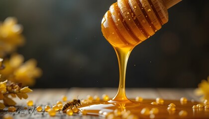 Honey Dripping from Wooden Dipper with Bee and Pollen on Dark Background &ndash; Natural Sweetness Close-Up