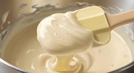 Close-up of light yellow spatula covered in batter, pastel bowl blurred in background