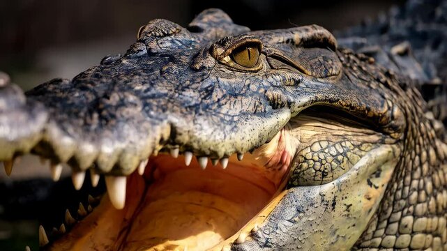Large scaled crocodile basking in sunshine, resting with open mouth exposing rows of sharp teeth, showing dangerous wildlife nature