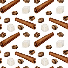 Seamless watercolor pattern featuring cinnamon sticks, coffee beans, and sugar cubes on a white background. Perfect for coffee packaging, textile prints, cafe decor, and wrapping paper