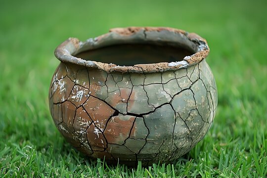 Cracked clay pot on green grass high resolution picture
