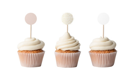 3 Cupcakes with simple decorative toppers isolated on transparent background