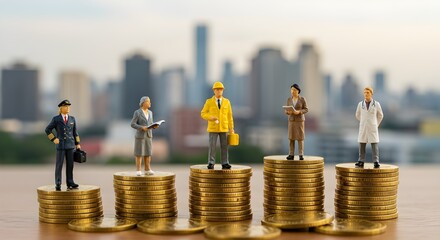 Figuras en miniatura detalladas que se encuentran en pilas de monedas, simbolizando la diversidad financiera, la distribución de la riqueza y el poder económico en la sociedad