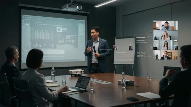Business presentation in a modern conference room with multiple participants online