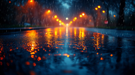 Night rain falls on an empty street lit by rows of warm lanterns, their orange glow reflected in the wet asphalt.