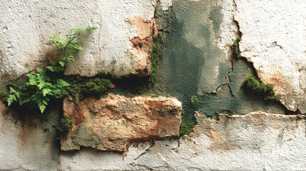 An old cracked wall covering with peeling paint and green plants growing through the cracks. Moss and ferns are growing through the cracks.