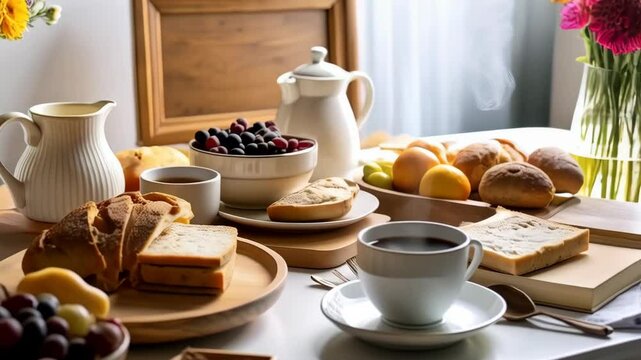 Still life of breakfast foods including coffee, tea, bread, fruit, and pastries arranged on a white table for morning meal.