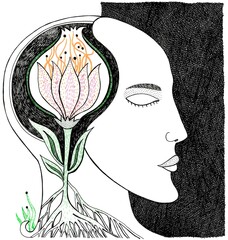 Illustration on a white background. Drawn by hand with pen and ink. A human head and a flower inside. In a state of meditation.