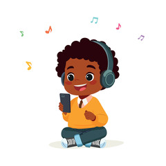 kid boy sitting and listening to music  cartoon vector illustration