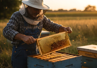 Beekeeper inspecting honeycomb at sunset
