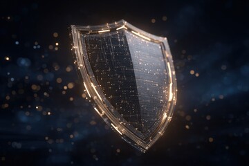 A glowing, digital shield floats against a dark background filled with soft glimmers of light.