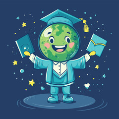 A personified planet Earth beaming with pride after graduating, vector style simple color