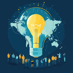 Business team celebrates global innovation with lightbulb and world map background design concept, vector style simple color
