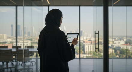 Rear view of a Saudi woman in abaya analyzing data on a tablet, standing by a panoramic office window — a blend of elegance and tech.