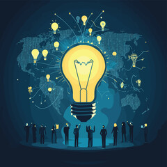 Business team celebrates global innovation with lightbulb and world map background design concept, vector style simple color