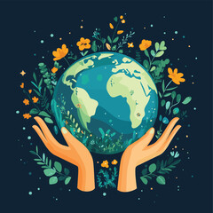 Earth Day concept with hands protecting the globe. Save our planet vector illustration for environmental conservation. Ecology, sustainability, nature care, green future, harmony