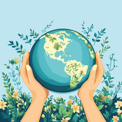 Earth Day concept with hands protecting the globe. Save our planet vector illustration for environmental conservation. Ecology, sustainability, nature care, green future, harmony