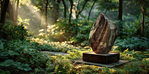 Obraz premium Stone sculpture on pedestal in lush green forest garden with morning light 