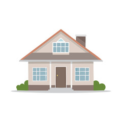 Stylized single family house exterior illustration with grass bushes and chimney for home or real estate concepts