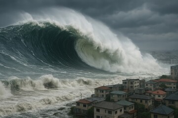 Fototapeta na wymiar Massive wave threatens coastal homes.