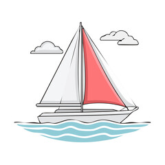 Fototapeta premium Sailing boat illustration on water with clouds, vector nautical design, white boat, red sails, summer holidays, recreation
