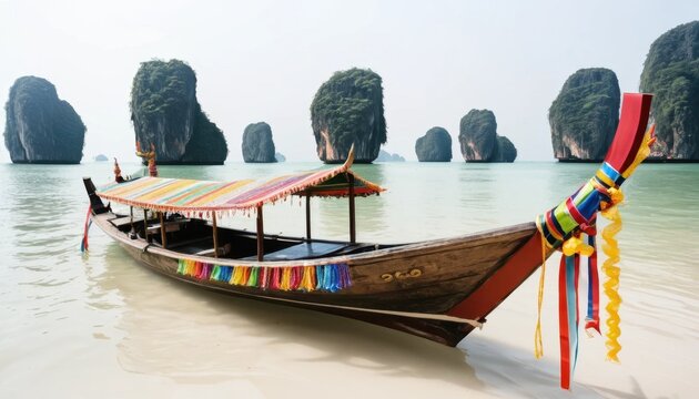 Traditional wooden fishing boats dot the serene Thai coast, gently resting on the beach or floating in the summer sea under a vast sky - Powered by Adobe