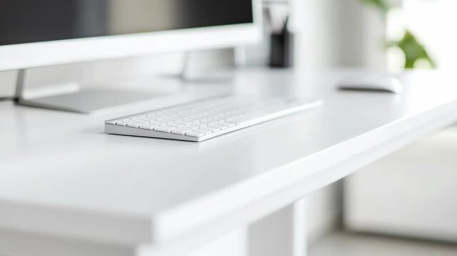 A computer keyboard placed on a clean and simple white desk.