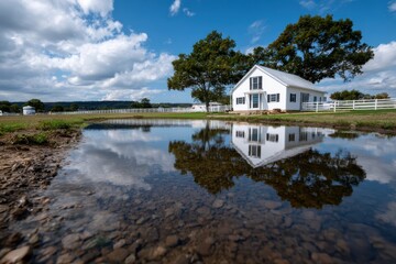 Obraz premium A picturesque white farmhouse stands by a serene body of water, reflecting tranquility and charm in a beautiful rural setting, ideal for a peaceful getaway.