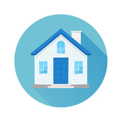 Simple White House Illustration with Blue Roof and Door in Blue Circle Ideal for Real Estate or Home Decor