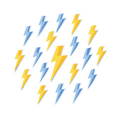 Cluster of Yellow and Blue Lightning Bolt Icons on Black Background Symbolizing Weather Electricity and Energy